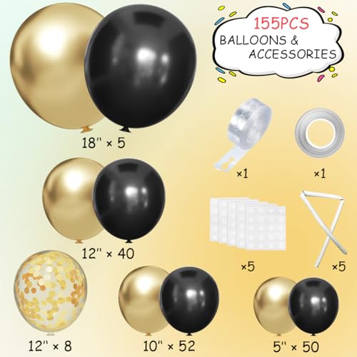 MEBAY 155Pcs Black and Gold Balloon Arch Kit with Confetti – Graduation, Birthday, Wedding Party Decor