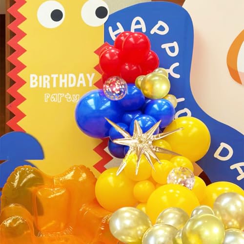 MEBAY 156-Piece Blue Yellow Red Gold Balloon Arch Kit with 4D Stars for Party Decorations