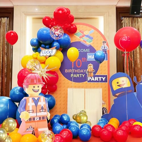 MEBAY 156-Piece Blue Yellow Red Gold Balloon Arch Kit with 4D Stars for Party Decorations