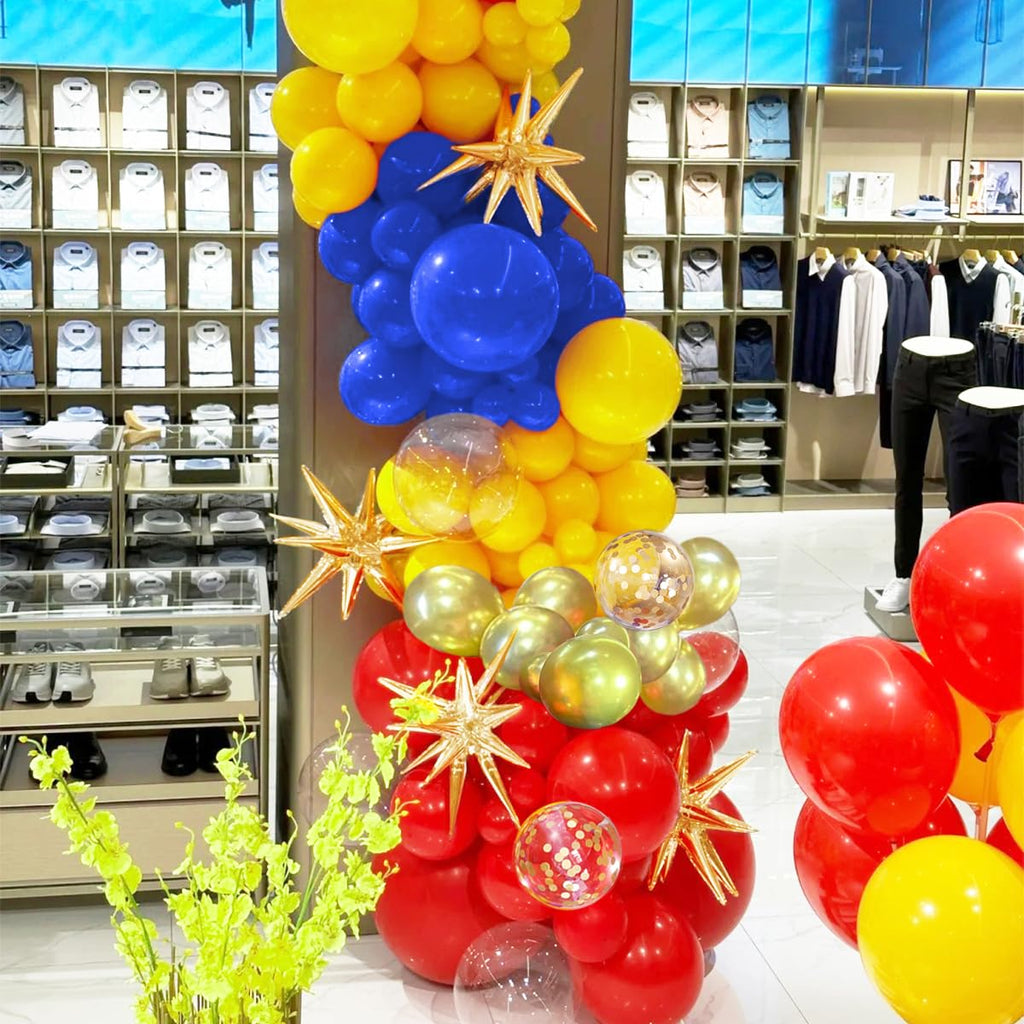 MEBAY 156-Piece Blue Yellow Red Gold Balloon Arch Kit with 4D Stars for Party Decorations