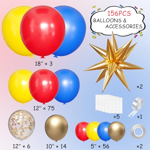 MEBAY 156-Piece Blue Yellow Red Gold Balloon Arch Kit with 4D Stars for Party Decorations