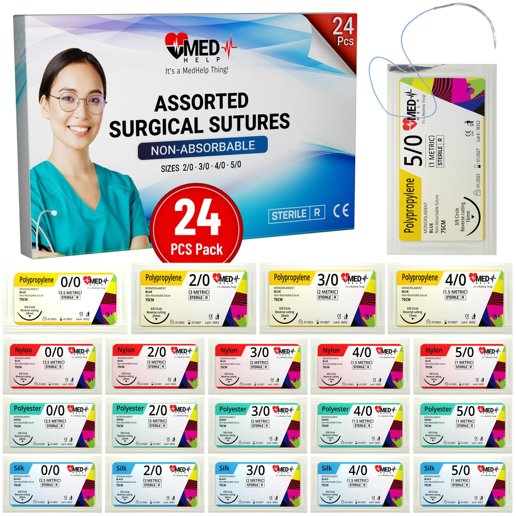 MedHelp 24-Pack Suture Practice Kit – Mixed 2/0, 3/0, 4/0 Threads with Needles, Educational Training Only