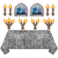 Medieval Castle Party Decorations: 11-Piece Set with Brick Tablecloth and Window & Torch Stickers