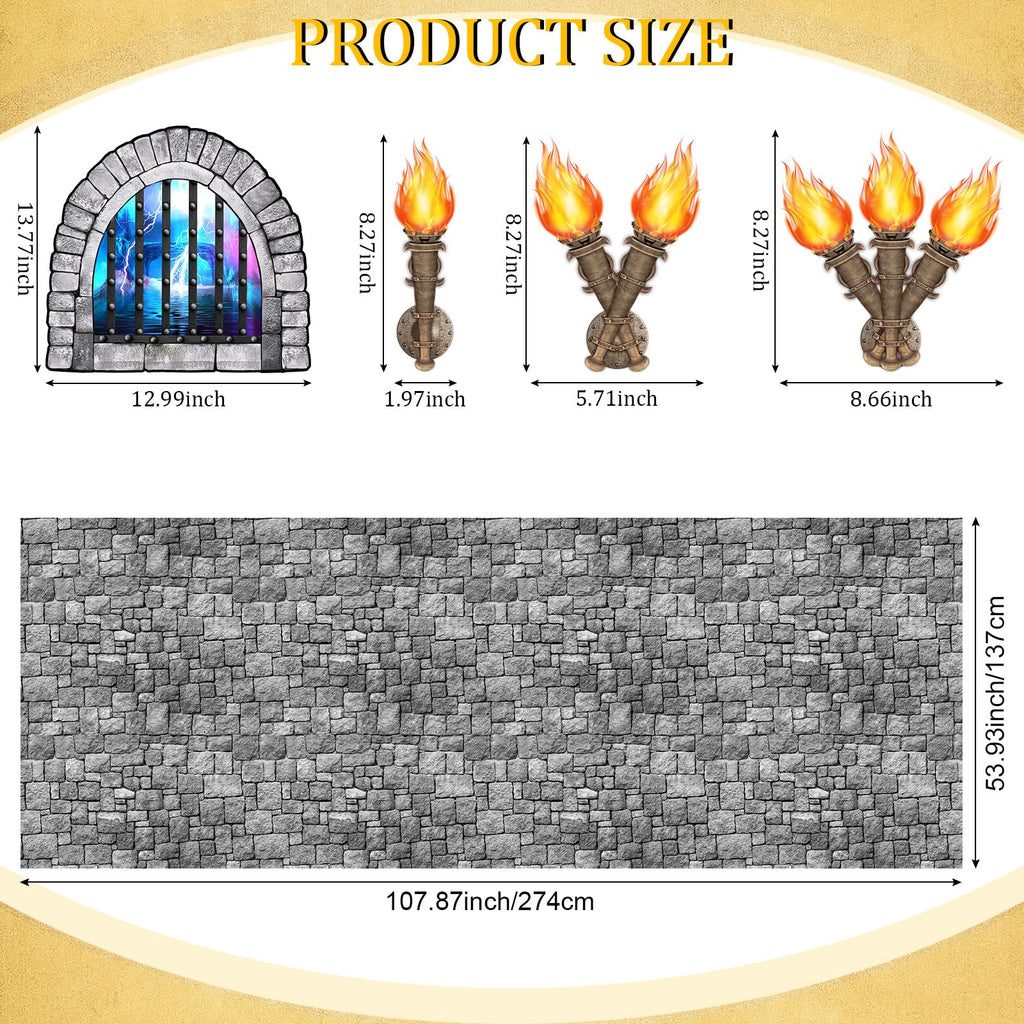 Medieval Castle Party Decorations: 11-Piece Set with Brick Tablecloth and Window & Torch Stickers