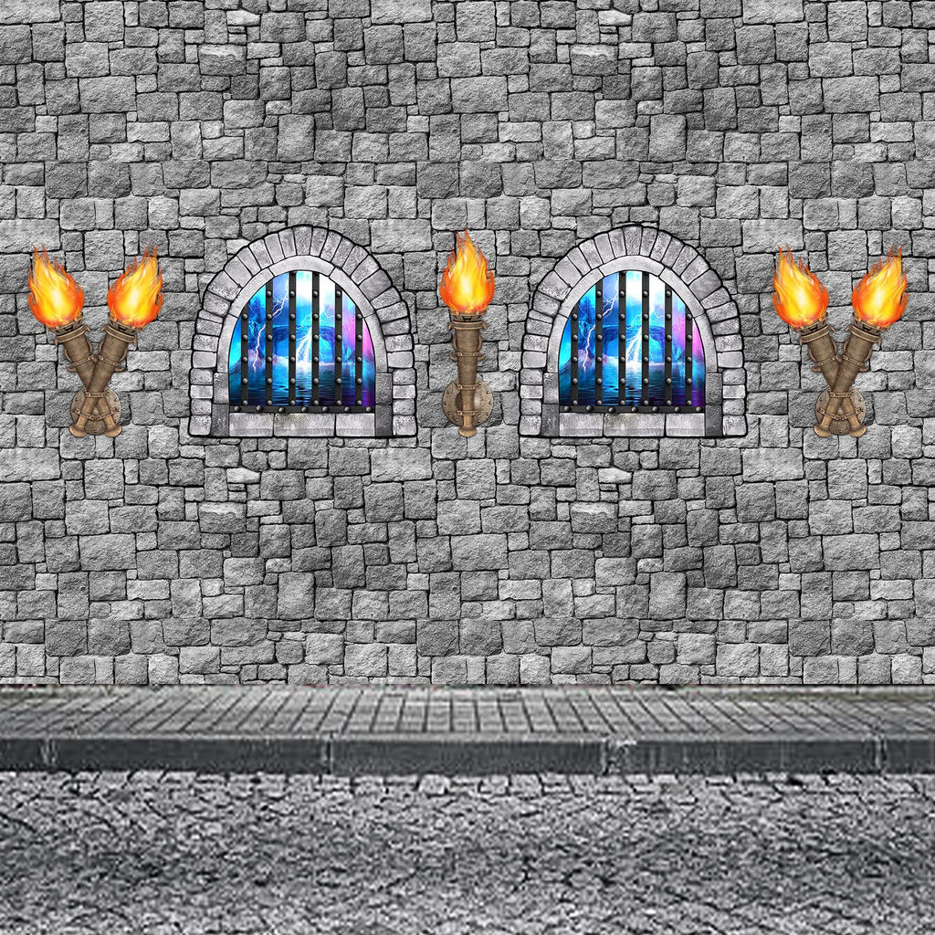Medieval Castle Party Decorations: 11-Piece Set with Brick Tablecloth and Window & Torch Stickers