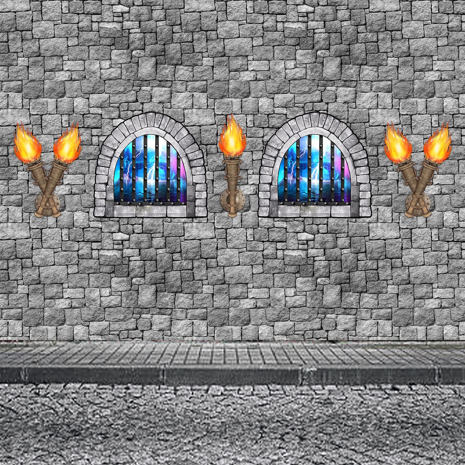 Medieval Castle Party Decorations: 11-Piece Set with Brick Tablecloth and Window & Torch Stickers