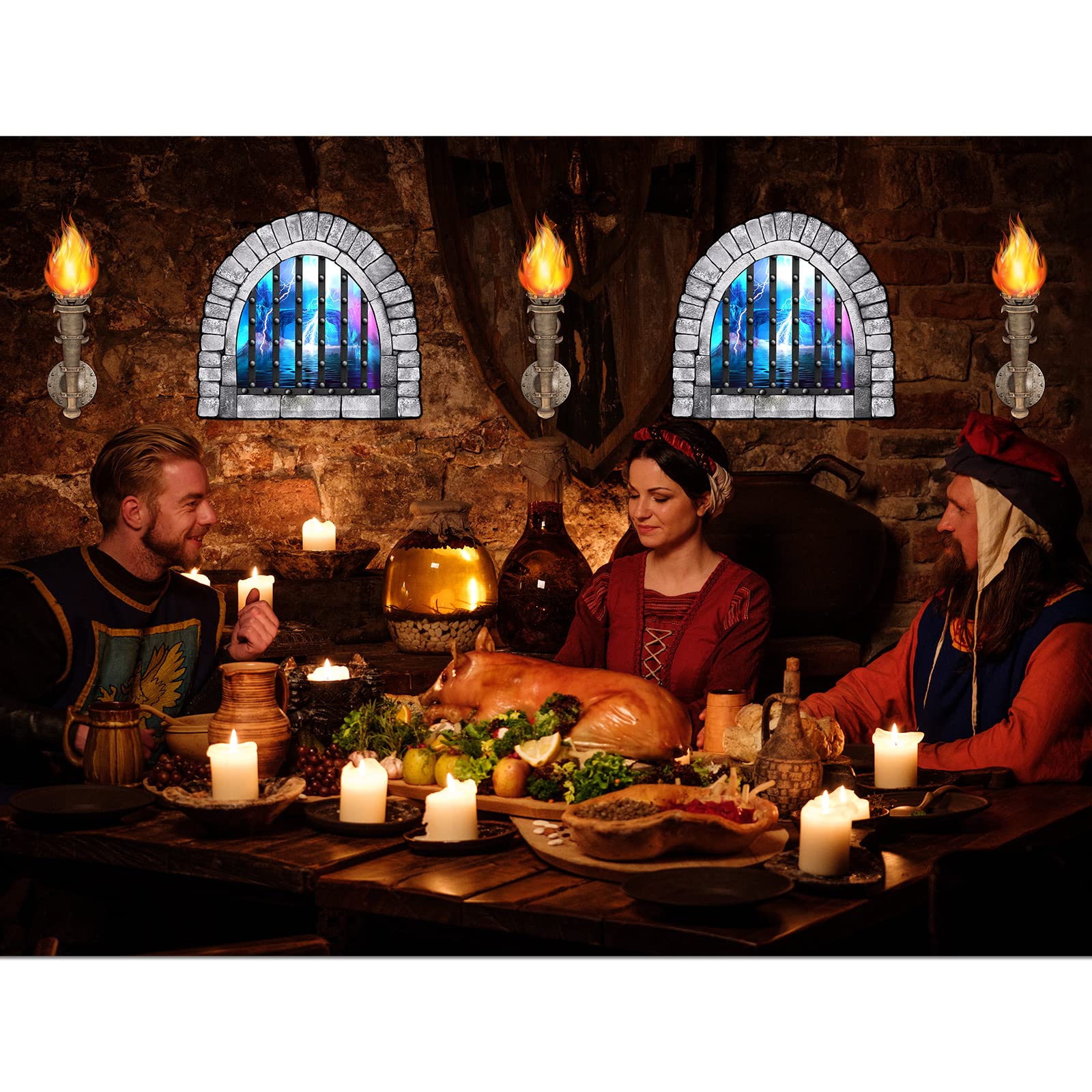 Medieval Castle Party Decorations: 11-Piece Set with Brick Tablecloth and Window & Torch Stickers