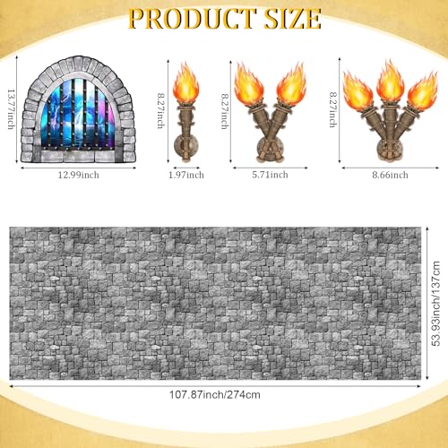 Medieval Castle Party Decorations: 11-Piece Set with Brick Tablecloth and Window & Torch Stickers