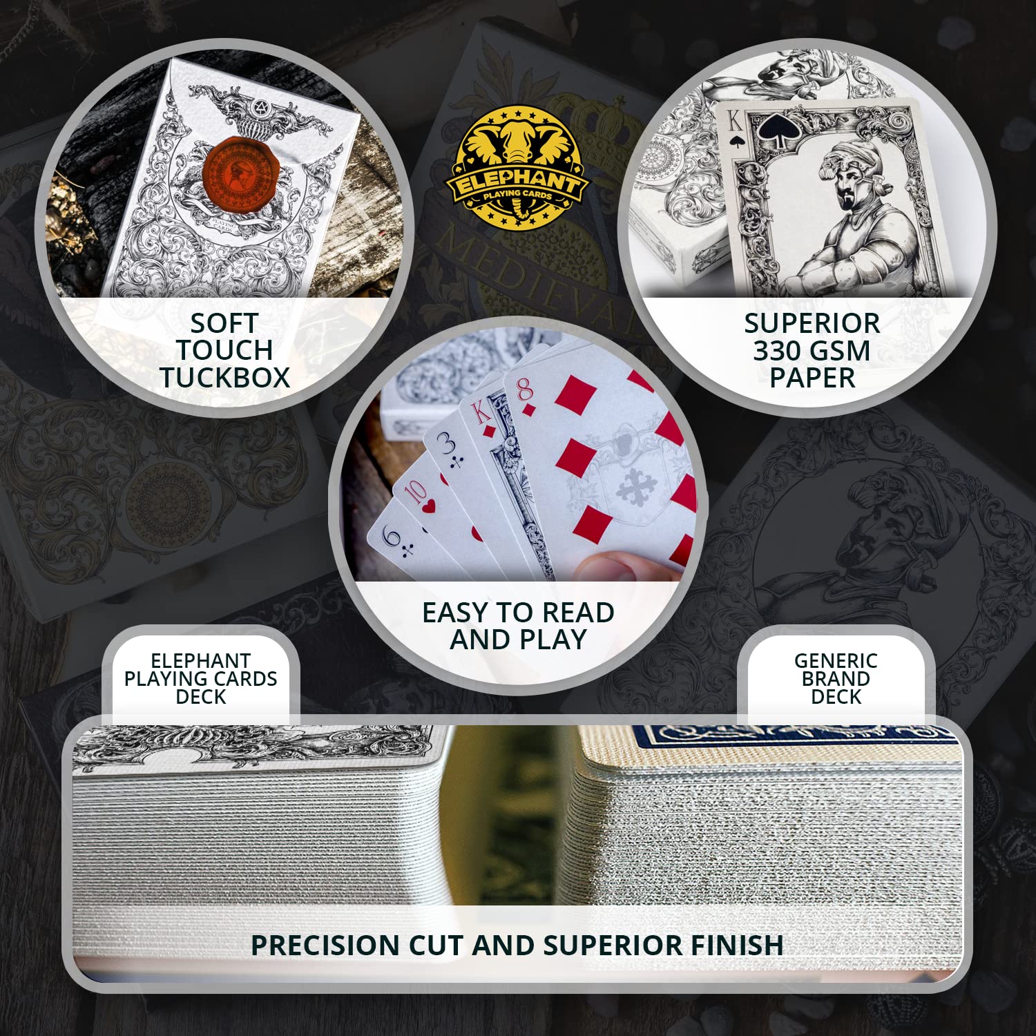 Medieval Playing Cards with Red Wax Seal & Free eBook – Premium Black Poker Deck by Elephant Playing Cards