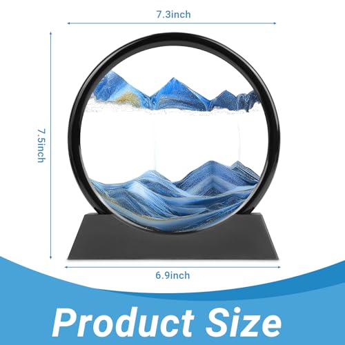 Meeitec Moving Sand Art 7 Inch Blue Round Glass Sandscape – Calming Desktop Decor with Unique 3D Liquid Motion
