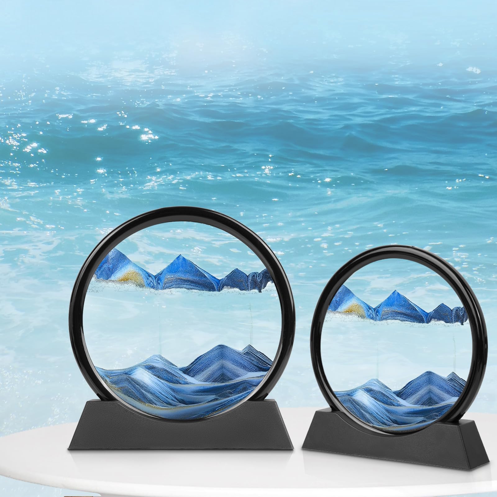 Meeitec Moving Sand Art 7 Inch Blue Round Glass Sandscape – Calming Desktop Decor with Unique 3D Liquid Motion