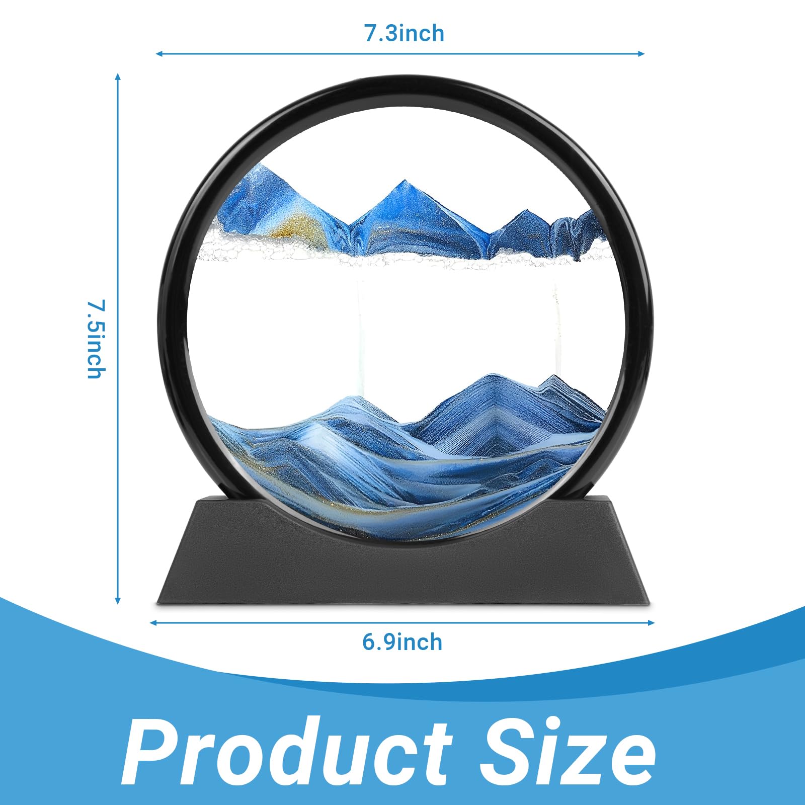 Meeitec Moving Sand Art 7 Inch Blue Round Glass Sandscape – Calming Desktop Decor with Unique 3D Liquid Motion