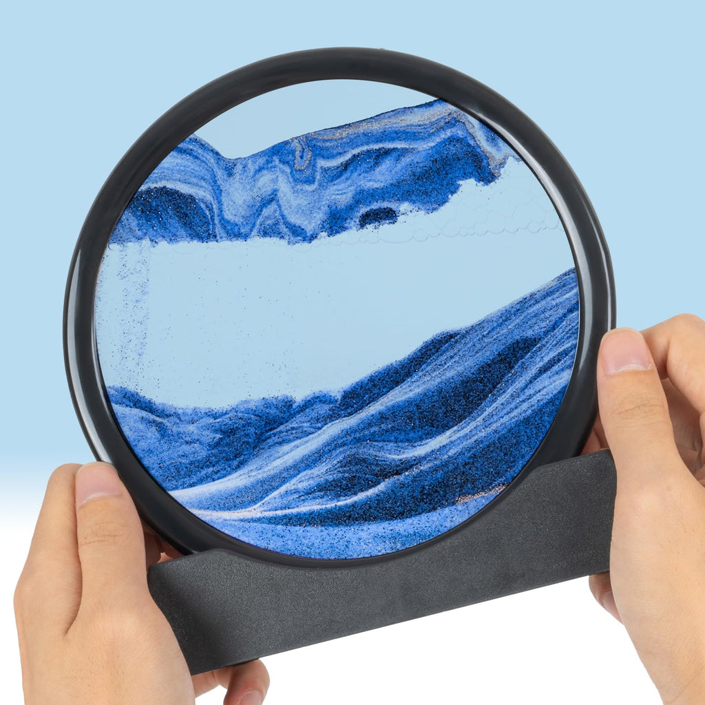 Meeitec Moving Sand Art 7 Inch Blue Round Glass Sandscape – Calming Desktop Decor with Unique 3D Liquid Motion