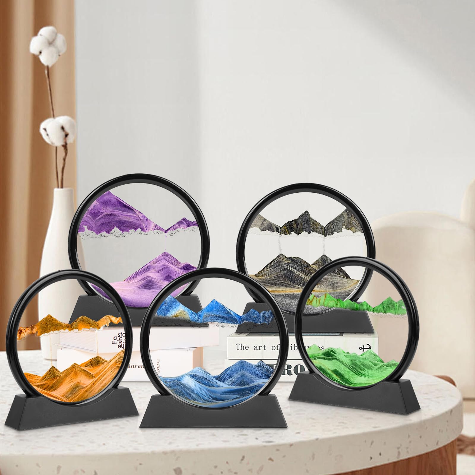 Meeitec Moving Sand Art 7 Inch Blue Round Glass Sandscape – Calming Desktop Decor with Unique 3D Liquid Motion