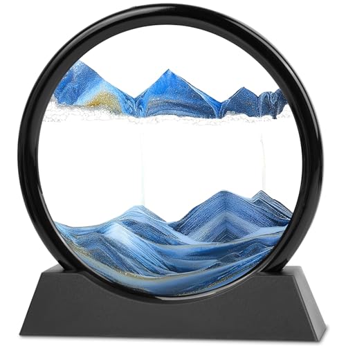Meeitec Moving Sand Art 7 Inch Blue Round Glass Sandscape – Calming Desktop Decor with Unique 3D Liquid Motion