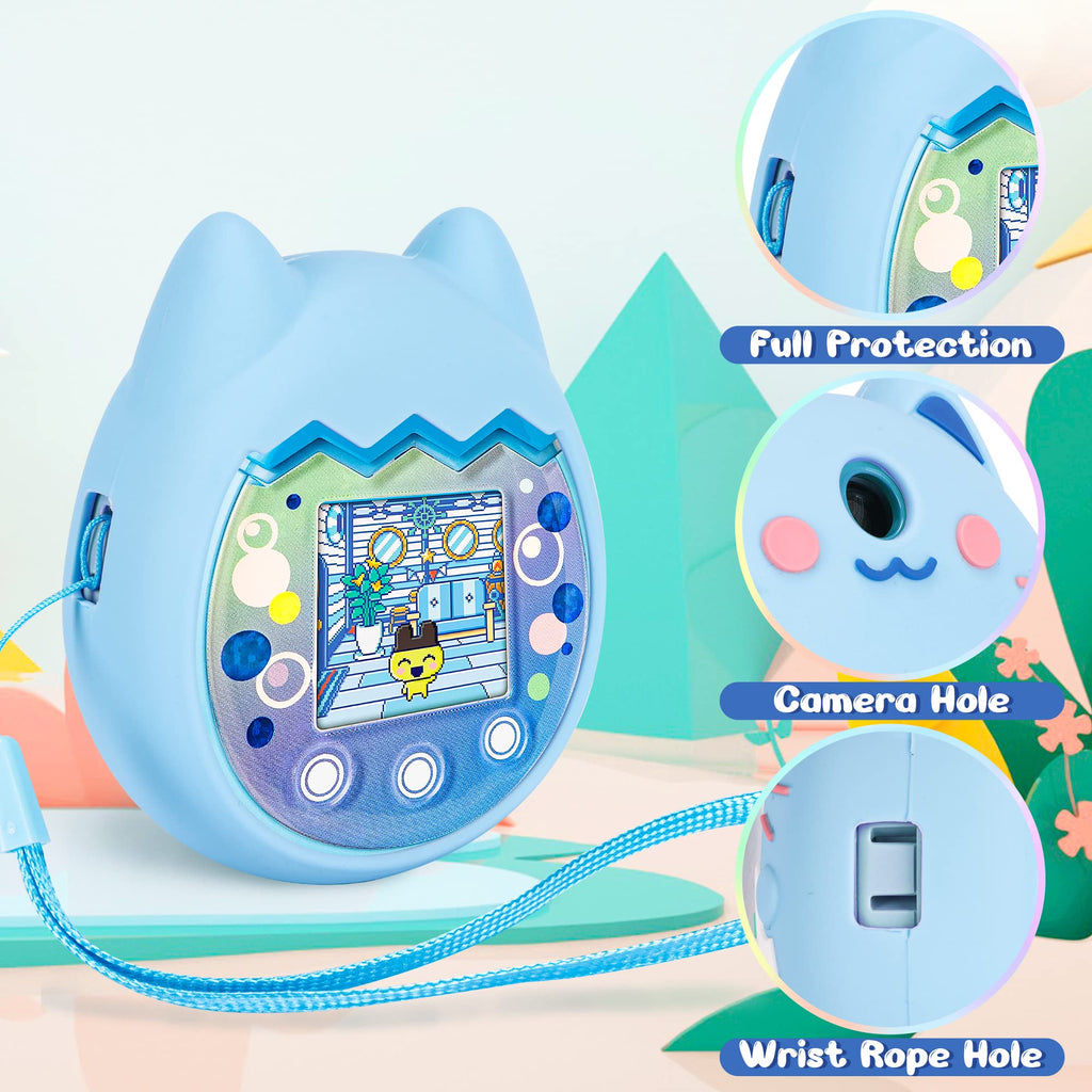 Meetikar Silicone Cover for Tamagotchi Pix – Blue Protective Sleeve with Finger Lanyard