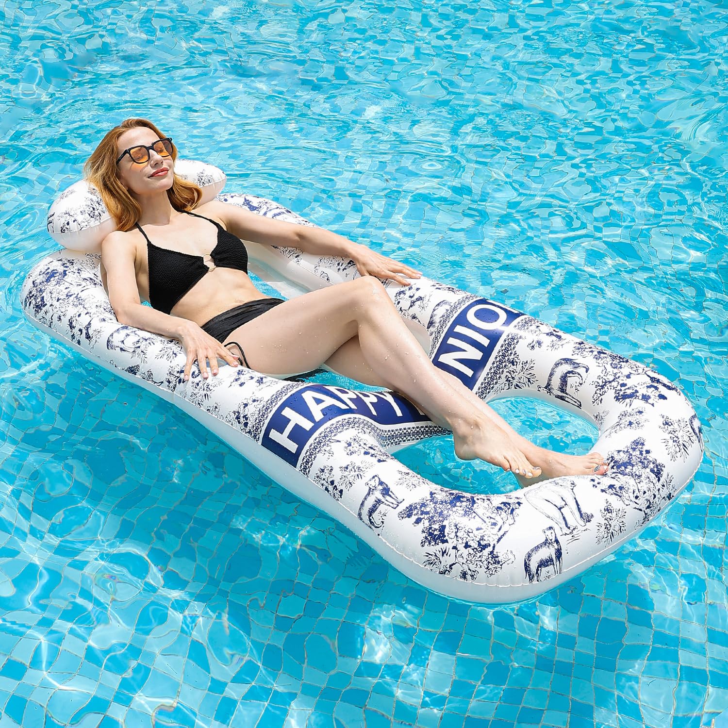 Meetinext Inflatable Pool Lounger for Adults – 65" x 33" Float Mat with Headrest & Cup Holders, Supports 300 lbs