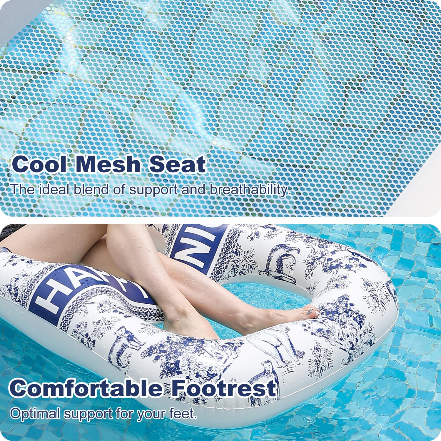 Meetinext Inflatable Pool Lounger for Adults – 65" x 33" Float Mat with Headrest & Cup Holders, Supports 300 lbs