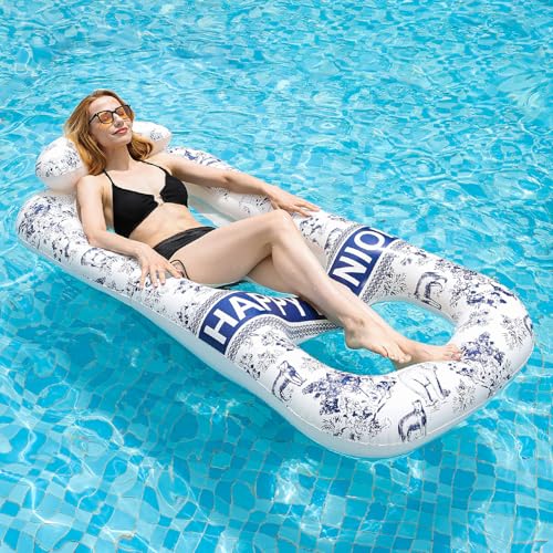 Meetinext Inflatable Pool Lounger for Adults – 65" x 33" Float Mat with Headrest & Cup Holders, Supports 300 lbs