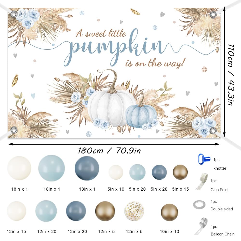MEHOFOND 148PCS Boho Little Pumpkin Baby Shower Balloon Arch Kit – Blue & Gold Fall Decorations with Banner and Tying Tool