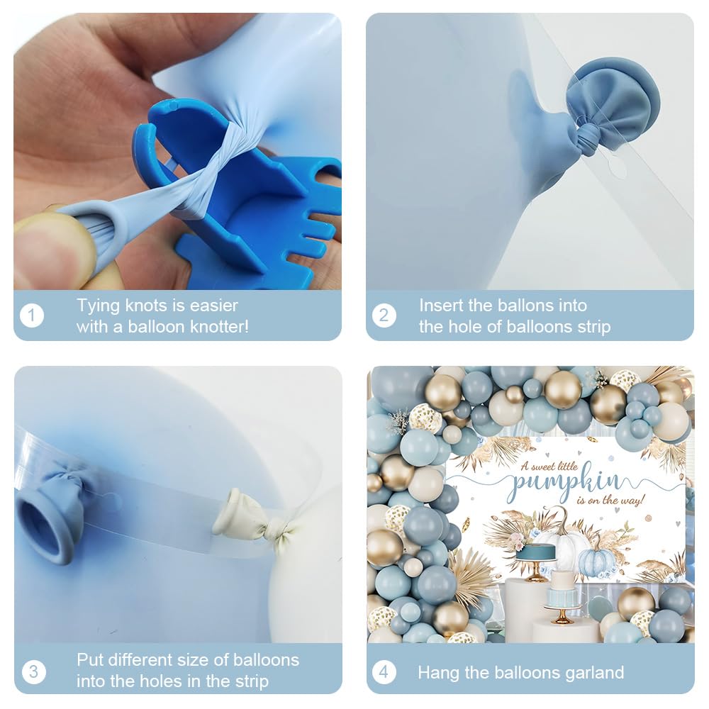 MEHOFOND 148PCS Boho Little Pumpkin Baby Shower Balloon Arch Kit – Blue & Gold Fall Decorations with Banner and Tying Tool