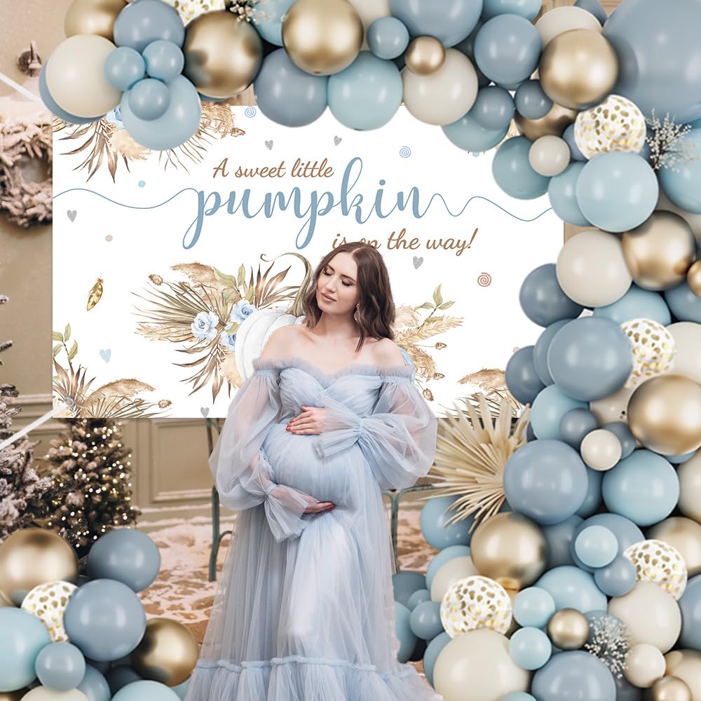 MEHOFOND 148PCS Boho Little Pumpkin Baby Shower Balloon Arch Kit – Blue & Gold Fall Decorations with Banner and Tying Tool