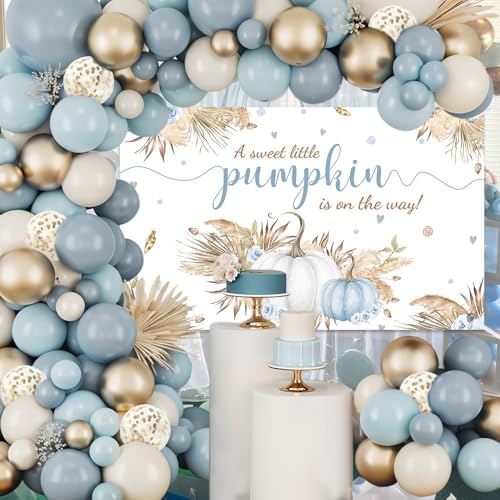 MEHOFOND 148PCS Boho Little Pumpkin Baby Shower Balloon Arch Kit – Blue & Gold Fall Decorations with Banner and Tying Tool