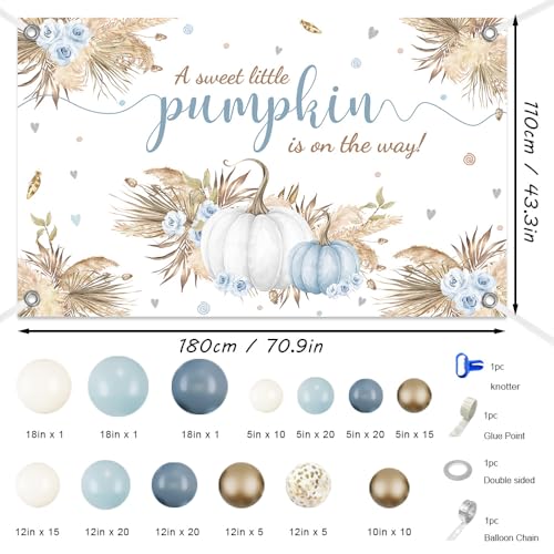 MEHOFOND 148PCS Boho Little Pumpkin Baby Shower Balloon Arch Kit – Blue & Gold Fall Decorations with Banner and Tying Tool