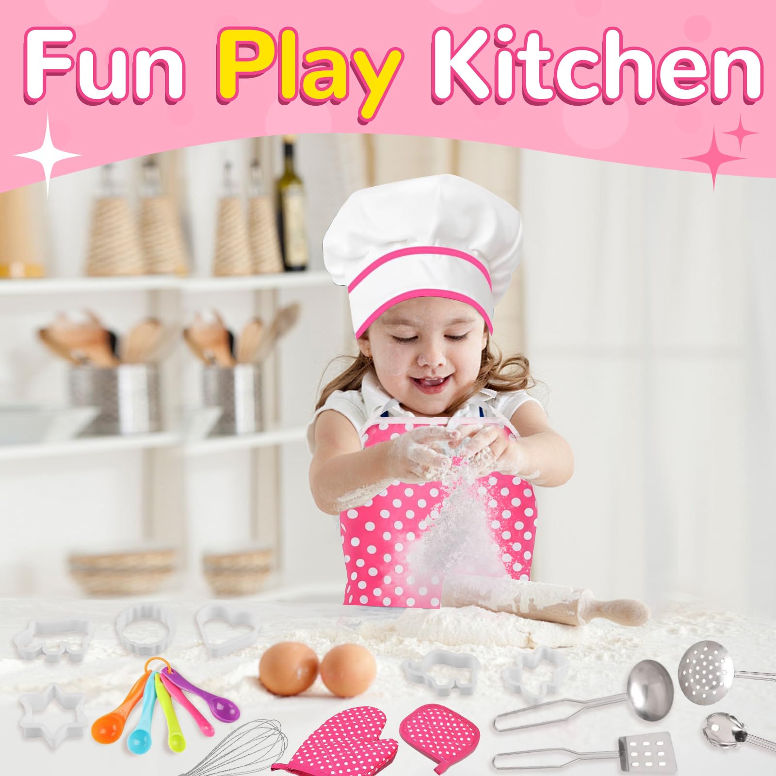 MEIDAYAI 23-Piece Kids Cooking Baking Set with Chef Hat & Apron – Pretend Play Kitchen Toys for 3-8 Year Old Girls