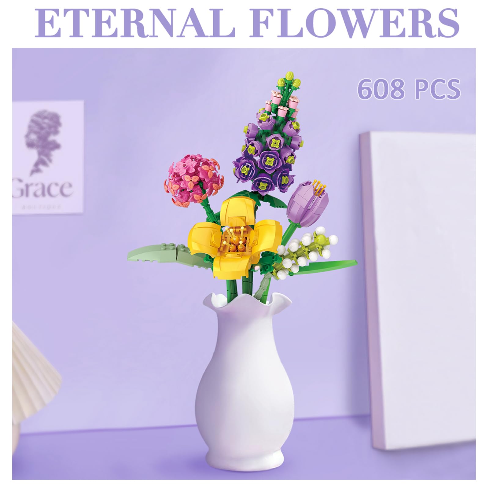 MEIEST Purple Flower Bouquet Building Blocks Set – Mini Bricks Plant Model for DIY Decor