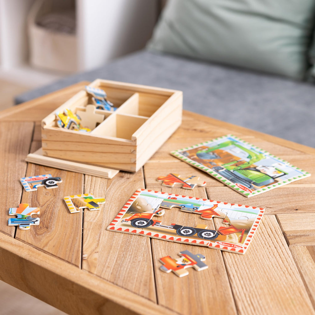 Melissa & Doug 4-in-1 Wooden Construction Vehicle Puzzles – 48 Pieces with Storage Box, Ages 3+