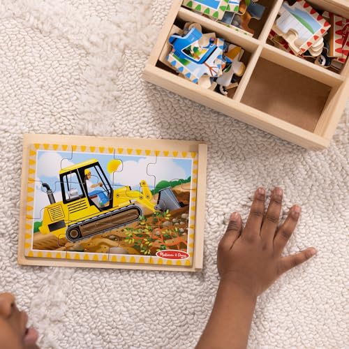 Melissa & Doug 4-in-1 Wooden Construction Vehicle Puzzles – 48 Pieces with Storage Box, Ages 3+