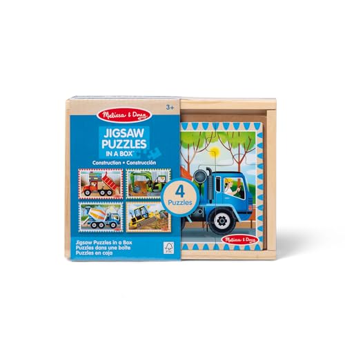 Melissa & Doug 4-in-1 Wooden Construction Vehicle Puzzles – 48 Pieces with Storage Box, Ages 3+