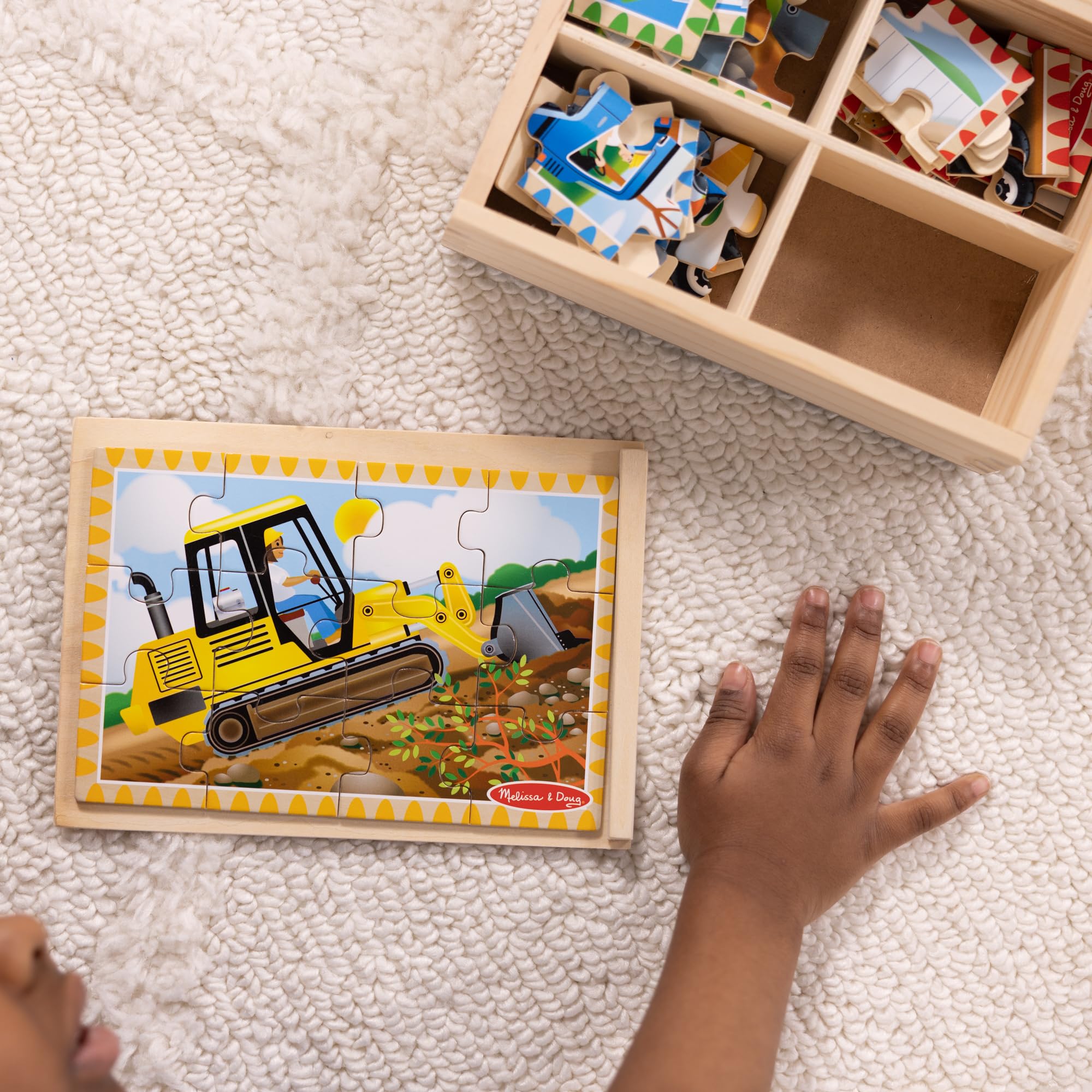 Melissa & Doug 4-in-1 Wooden Construction Vehicle Puzzles – 48 Pieces with Storage Box, Ages 3+
