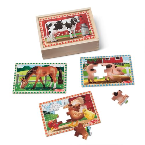 Melissa & Doug 4-in-1 Wooden Farm Animal Puzzles – 48 Pieces with Storage Box, Ages 3+
