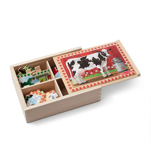 Melissa & Doug 4-in-1 Wooden Farm Animal Puzzles – 48 Pieces with Storage Box, Ages 3+