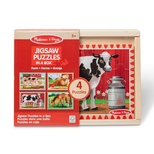 Melissa & Doug 4-in-1 Wooden Farm Animal Puzzles – 48 Pieces with Storage Box, Ages 3+