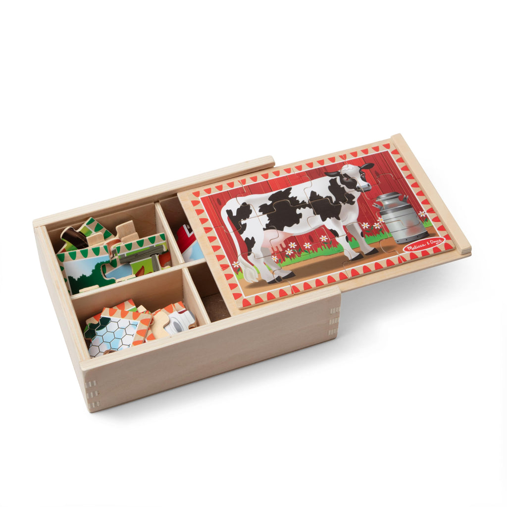 Melissa & Doug 4-in-1 Wooden Farm Animal Puzzles – 48 Pieces with Storage Box, Ages 3+
