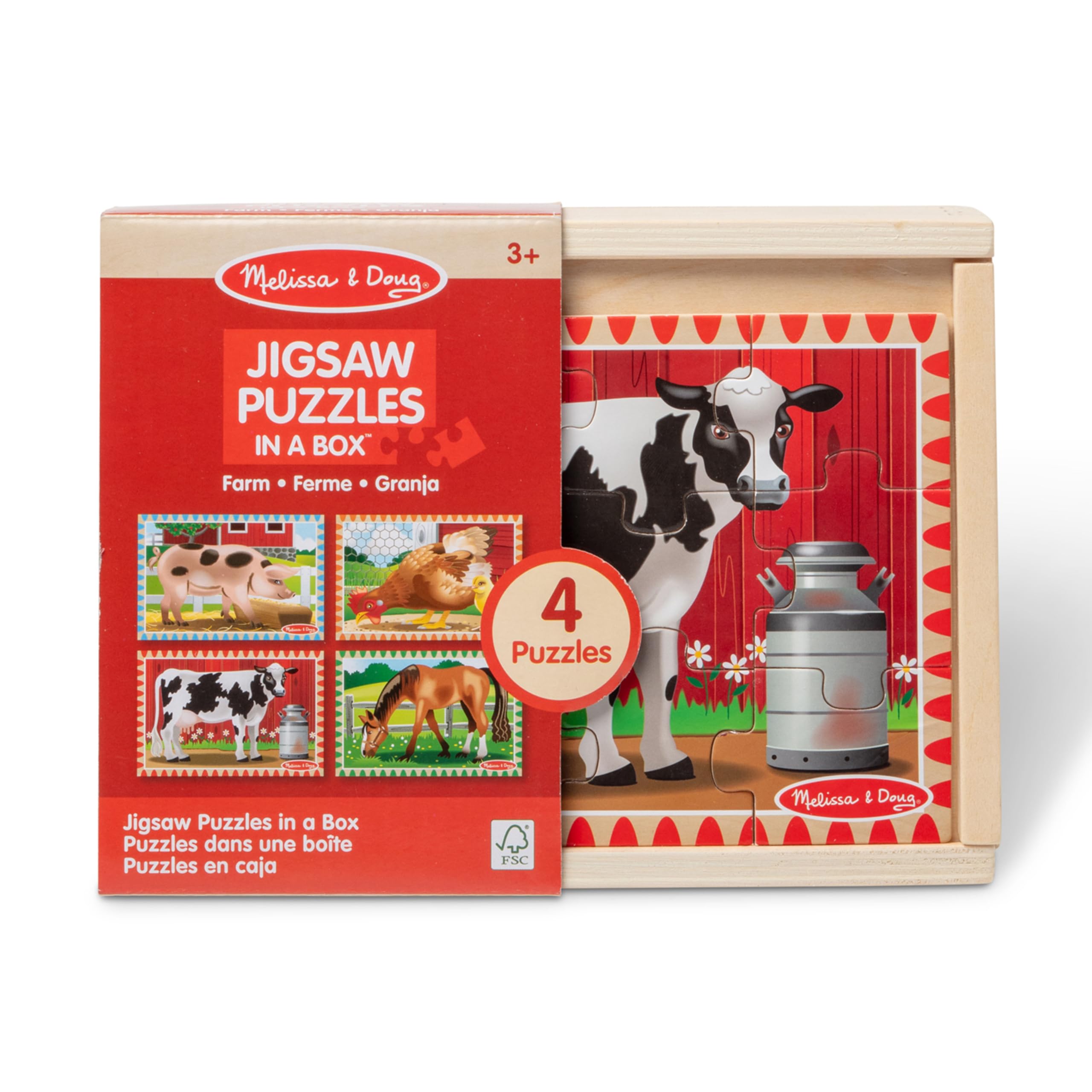 Melissa & Doug 4-in-1 Wooden Farm Animal Puzzles – 48 Pieces with Storage Box, Ages 3+