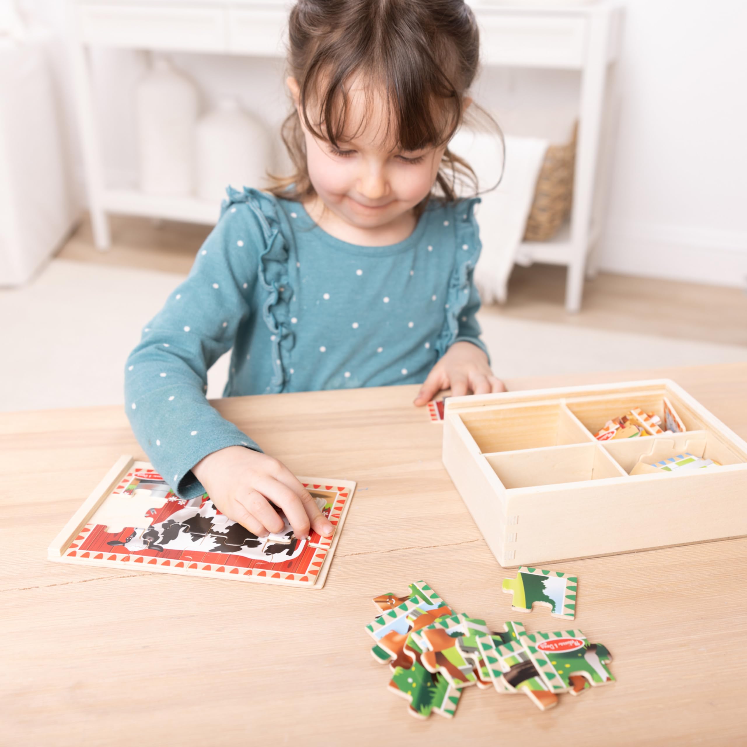 Melissa & Doug 4-in-1 Wooden Farm Animal Puzzles – 48 Pieces with Storage Box, Ages 3+