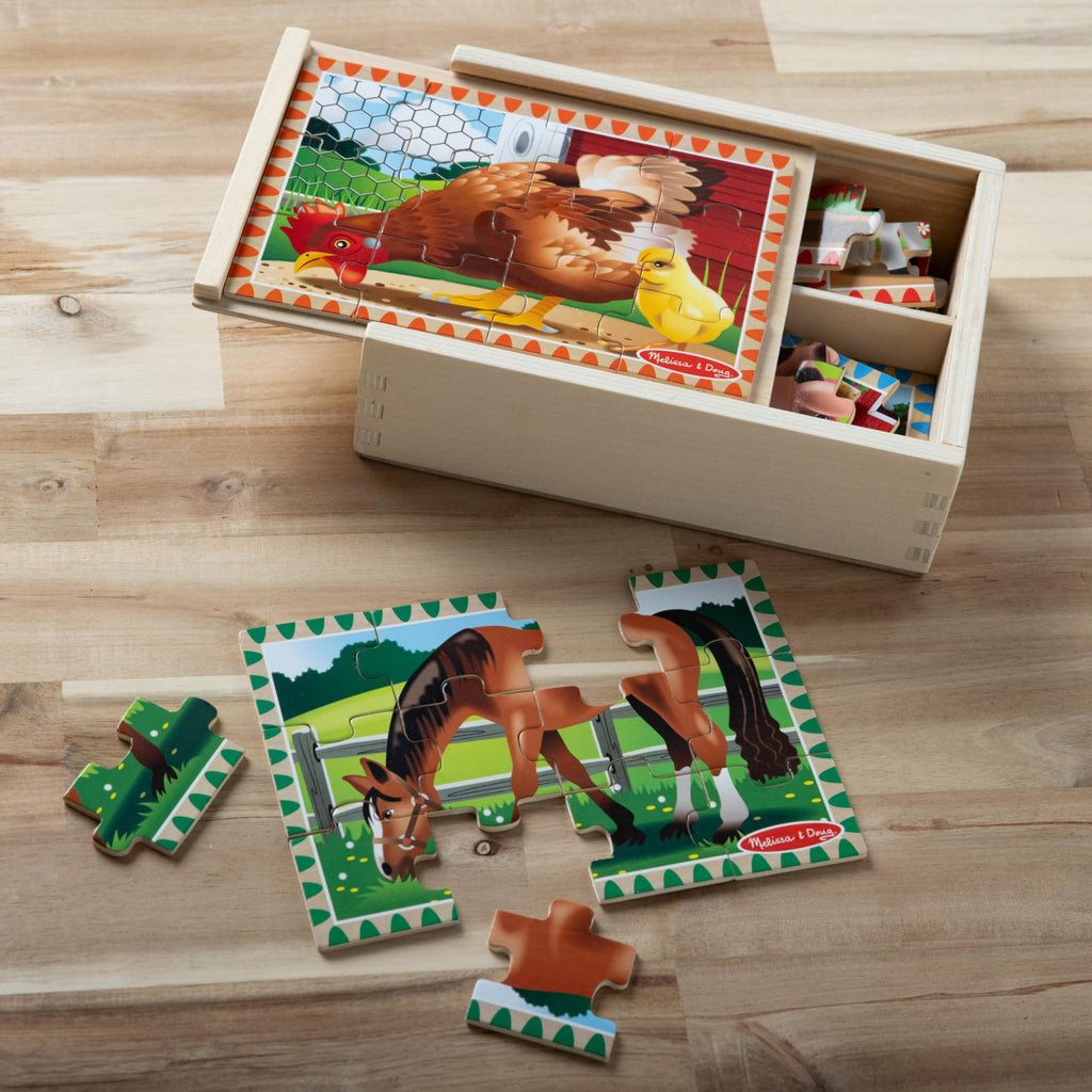 Melissa & Doug 4-in-1 Wooden Farm Animal Puzzles – 48 Pieces with Storage Box, Ages 3+