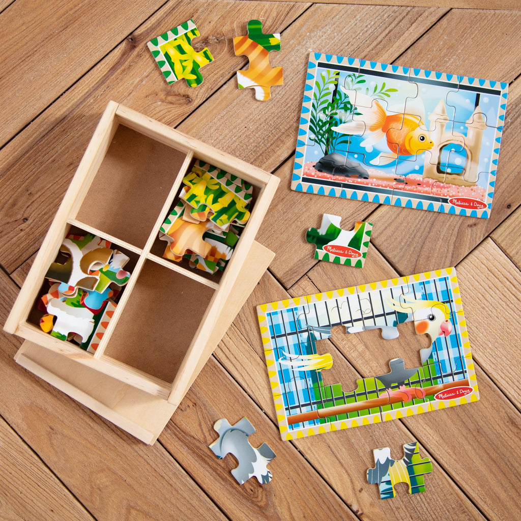 Melissa & Doug 4-in-1 Wooden Pet Jigsaw Puzzles – 48 Pieces with Storage Box, Ages 3+
