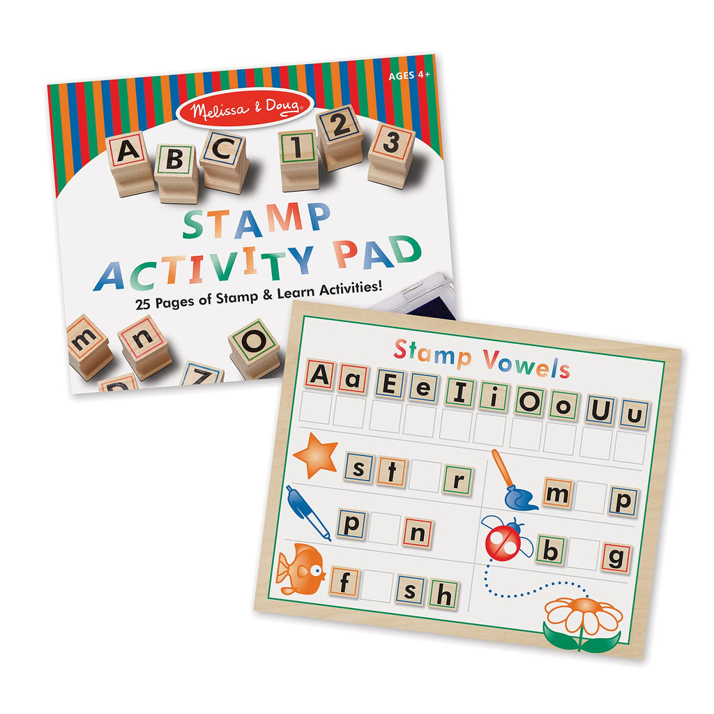 Melissa & Doug Deluxe Letters and Numbers Wooden Stamp Set – 71 Stamps, 4-Color Ink Pad, Activity Book (Ages 4-8)