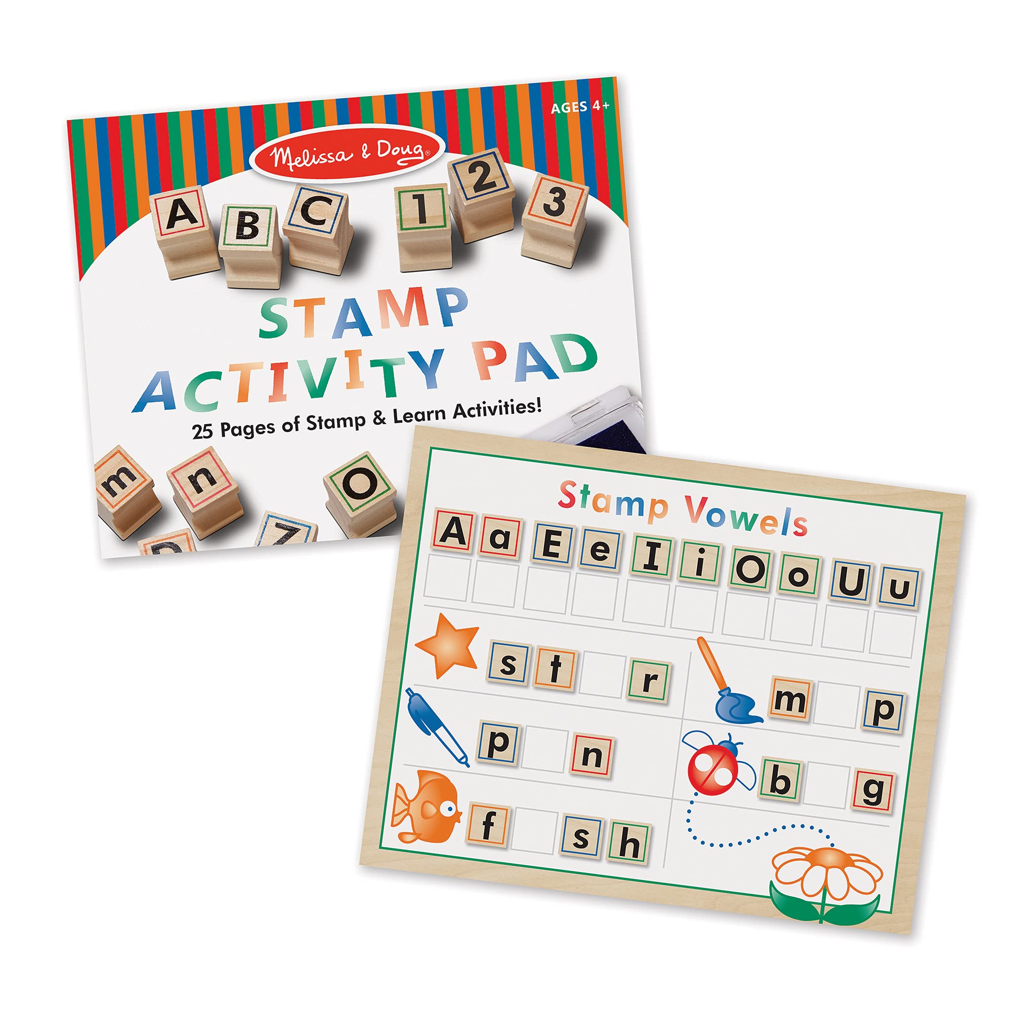 Melissa & Doug Deluxe Letters and Numbers Wooden Stamp Set – 71 Stamps, 4-Color Ink Pad, Activity Book (Ages 4-8)