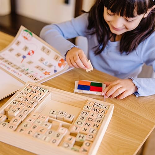 Melissa & Doug Deluxe Letters and Numbers Wooden Stamp Set – 71 Stamps, 4-Color Ink Pad, Activity Book (Ages 4-8)