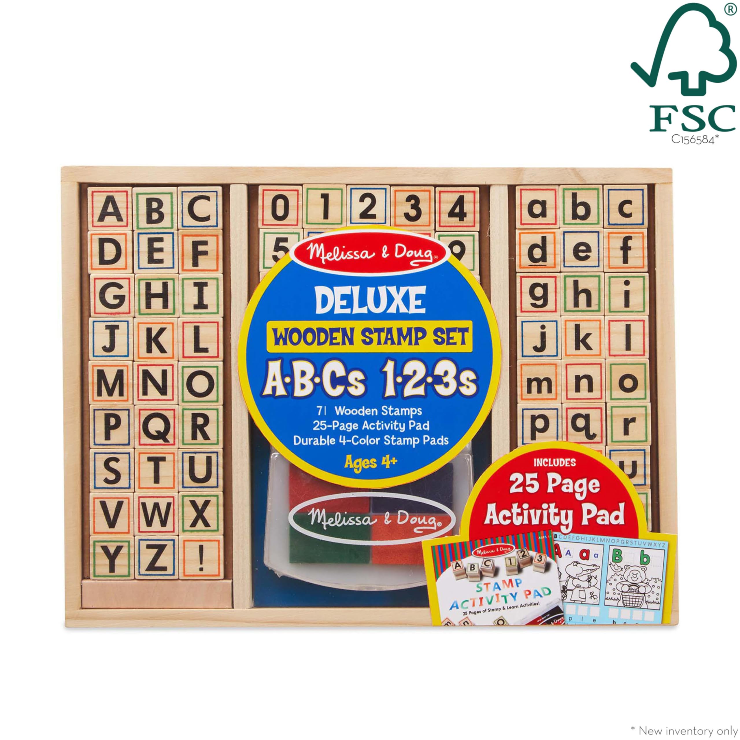 Melissa & Doug Deluxe Letters and Numbers Wooden Stamp Set – 71 Stamps, 4-Color Ink Pad, Activity Book (Ages 4-8)
