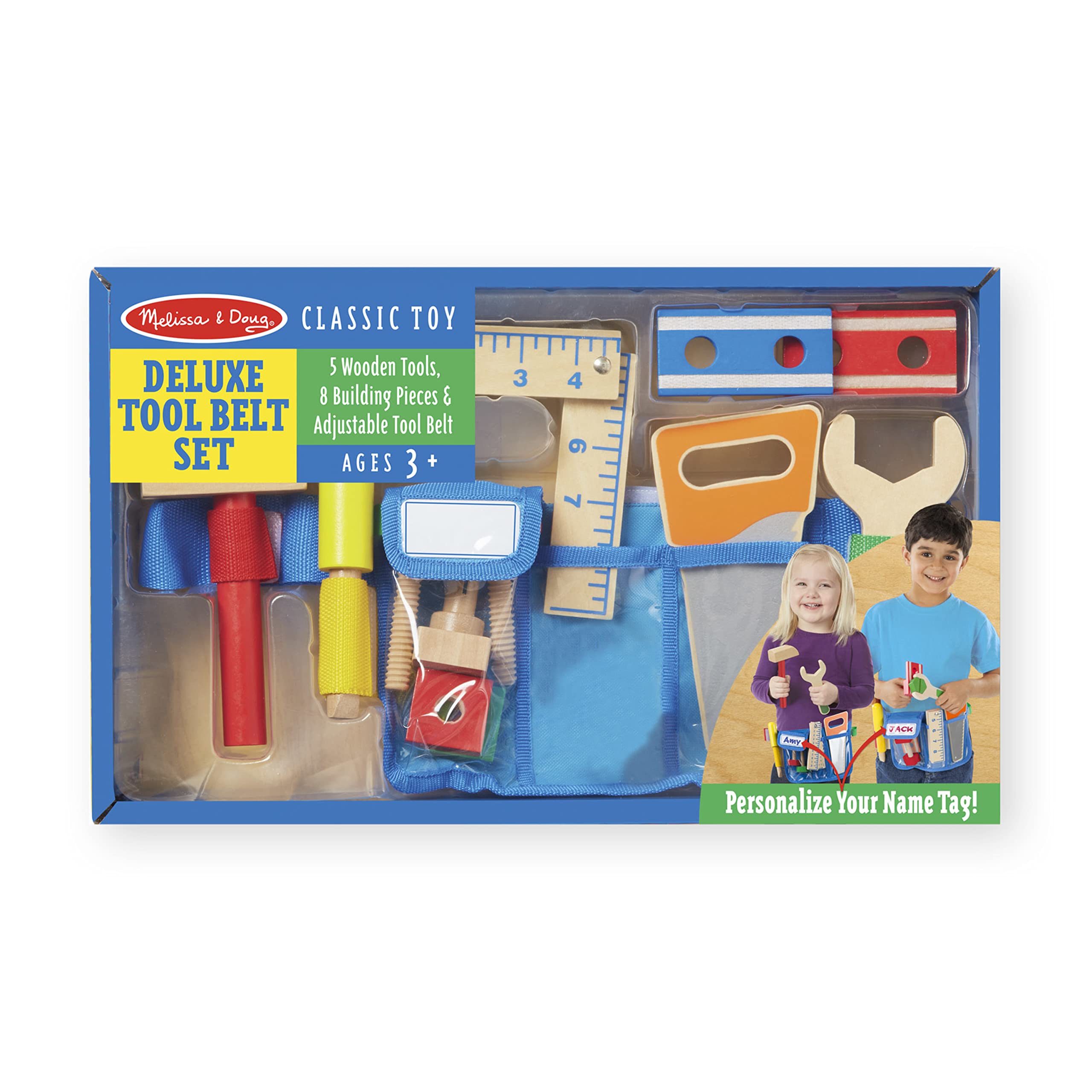Melissa & Doug Deluxe Tool Belt Set: 5 Wooden Tools, 8 Building Pieces, Adjustable Belt for Ages 3-5