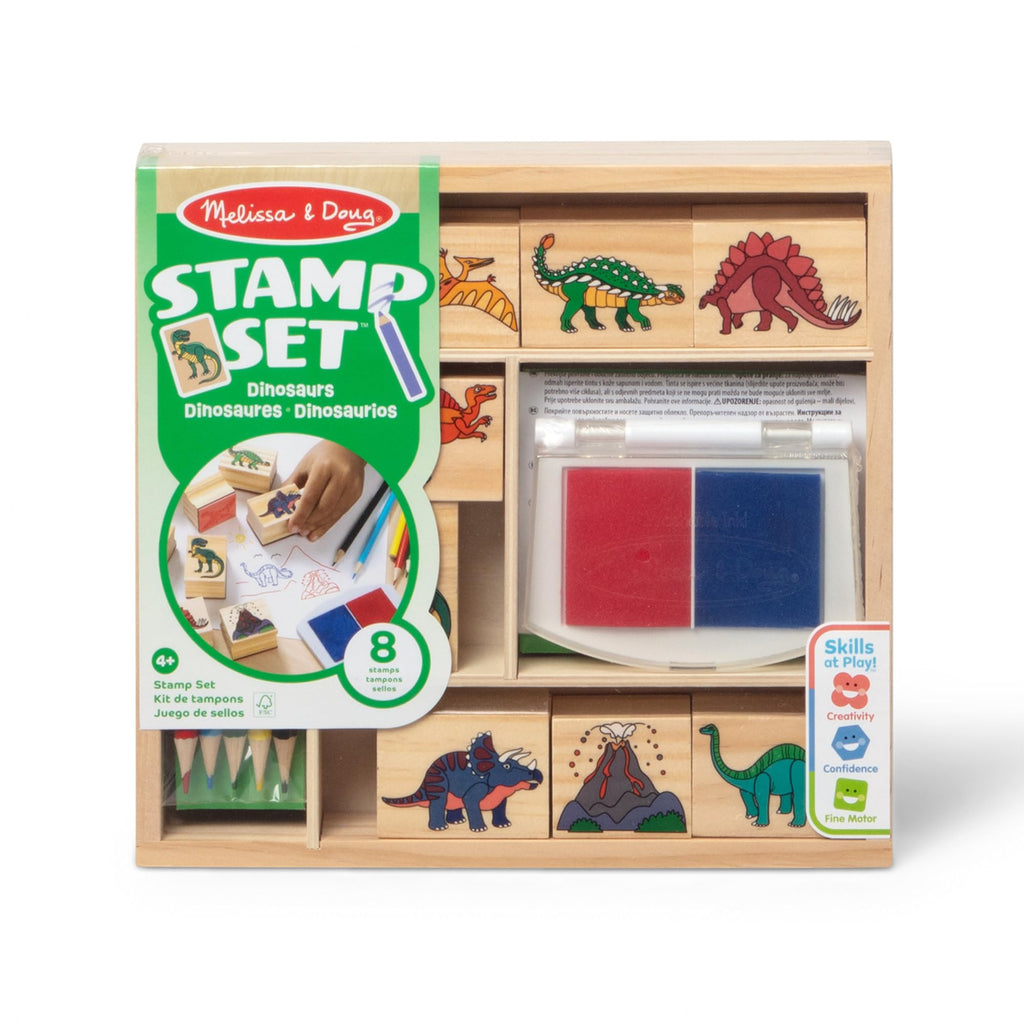 Melissa & Doug Dinosaur Stamp Set: 8 Stamps, 5 Pencils, 2-Color Ink Pad in Wooden Box