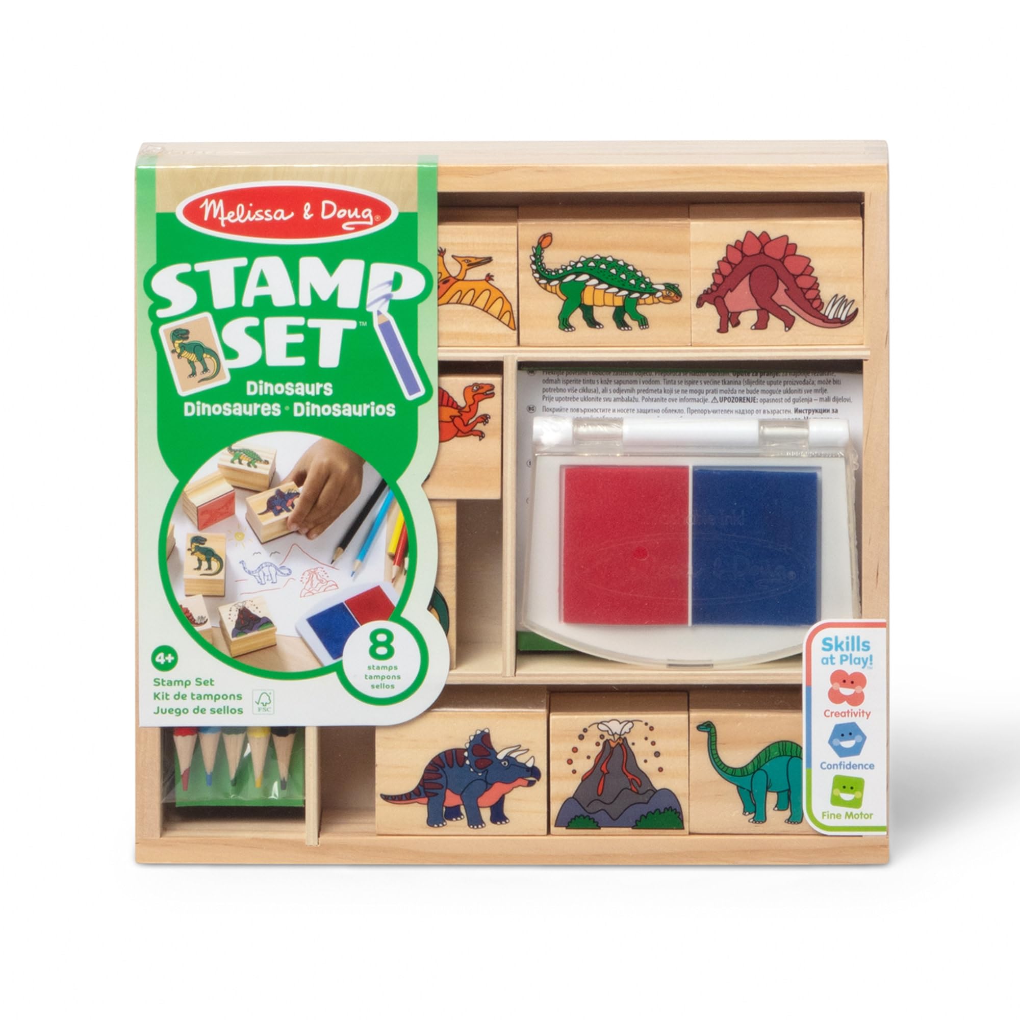 Melissa & Doug Dinosaur Stamp Set: 8 Stamps, 5 Pencils, 2-Color Ink Pad in Wooden Box
