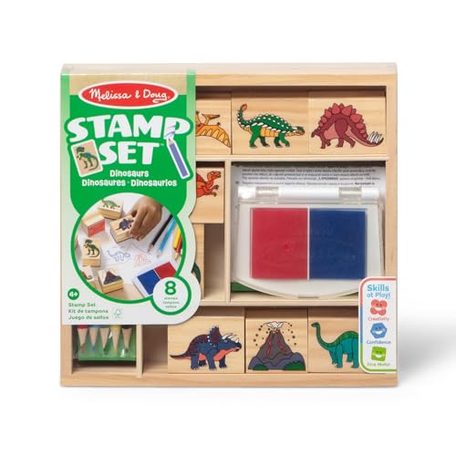 Melissa & Doug Dinosaur Stamp Set: 8 Stamps, 5 Pencils, 2-Color Ink Pad in Wooden Box